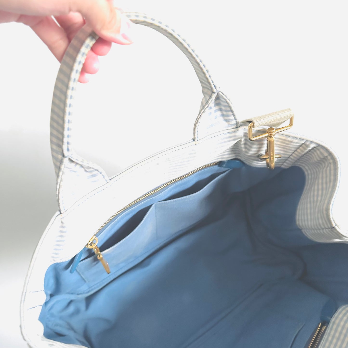 Prada Blue / White Gingham GHW Canapa Classic Logo Tessuto Structured 2-Way Shopper Shoulder Sling Tote Bag