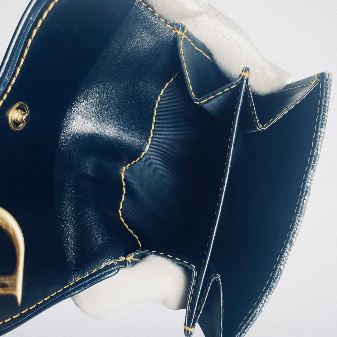 Christian Dior CD Navy Blue GHW Saddle Lotus Oblique Monogram Logo Flap Bifold Compact Wallet
