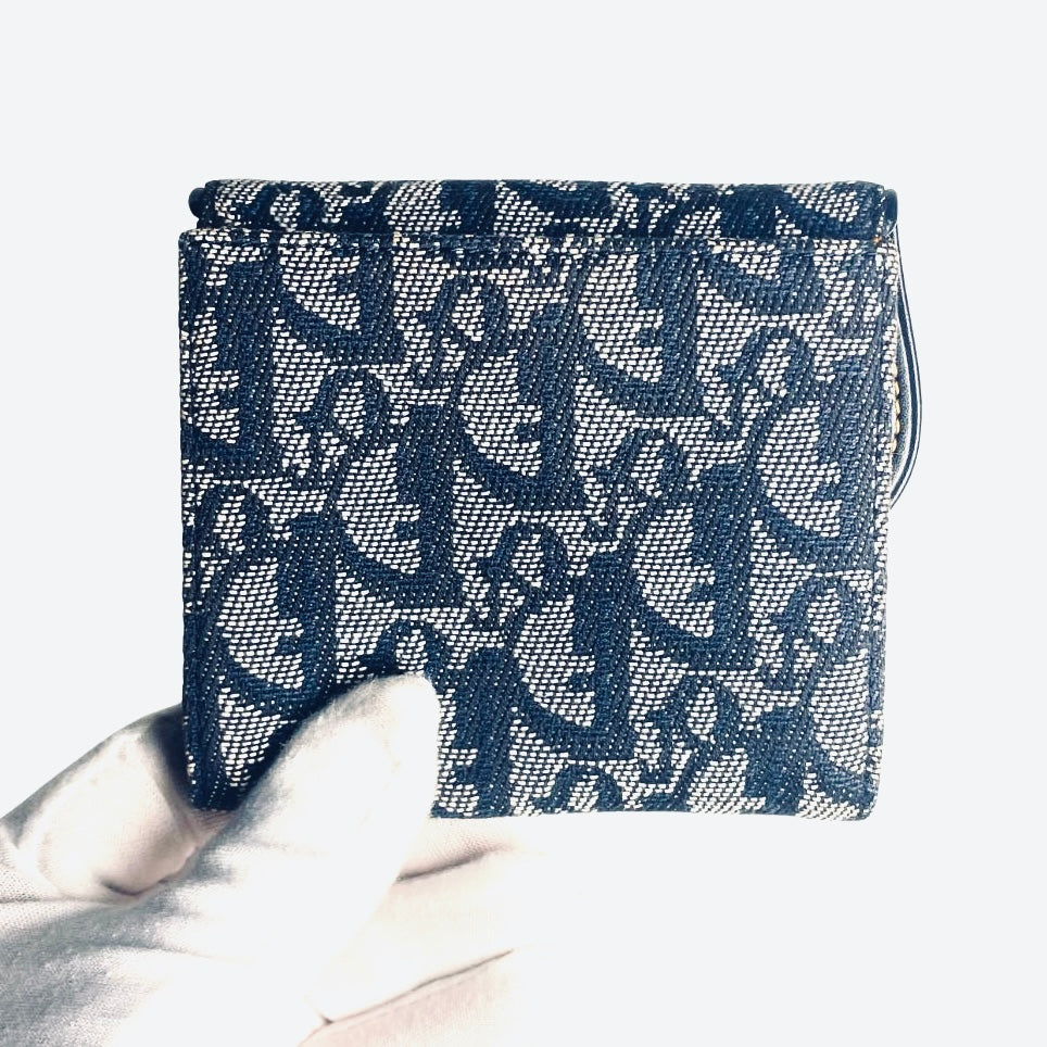 Christian Dior CD Navy Blue GHW Saddle Lotus Oblique Monogram Logo Flap Bifold Compact Wallet