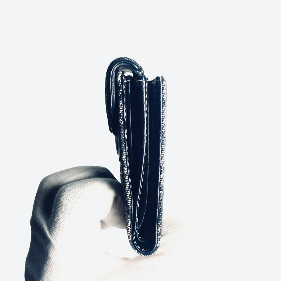 Christian Dior CD Navy Blue GHW Saddle Lotus Oblique Monogram Logo Flap Bifold Compact Wallet