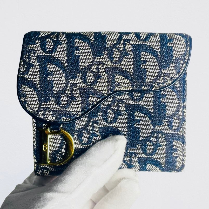 Christian Dior CD Navy Blue GHW Saddle Lotus Oblique Monogram Logo Flap Bifold Compact Wallet
