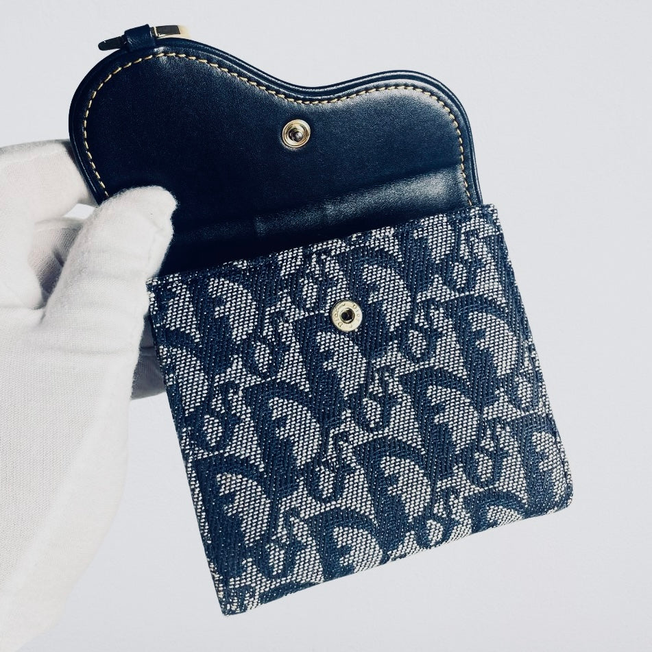 Christian Dior CD Navy Blue GHW Saddle Lotus Oblique Monogram Logo Flap Bifold Compact Wallet