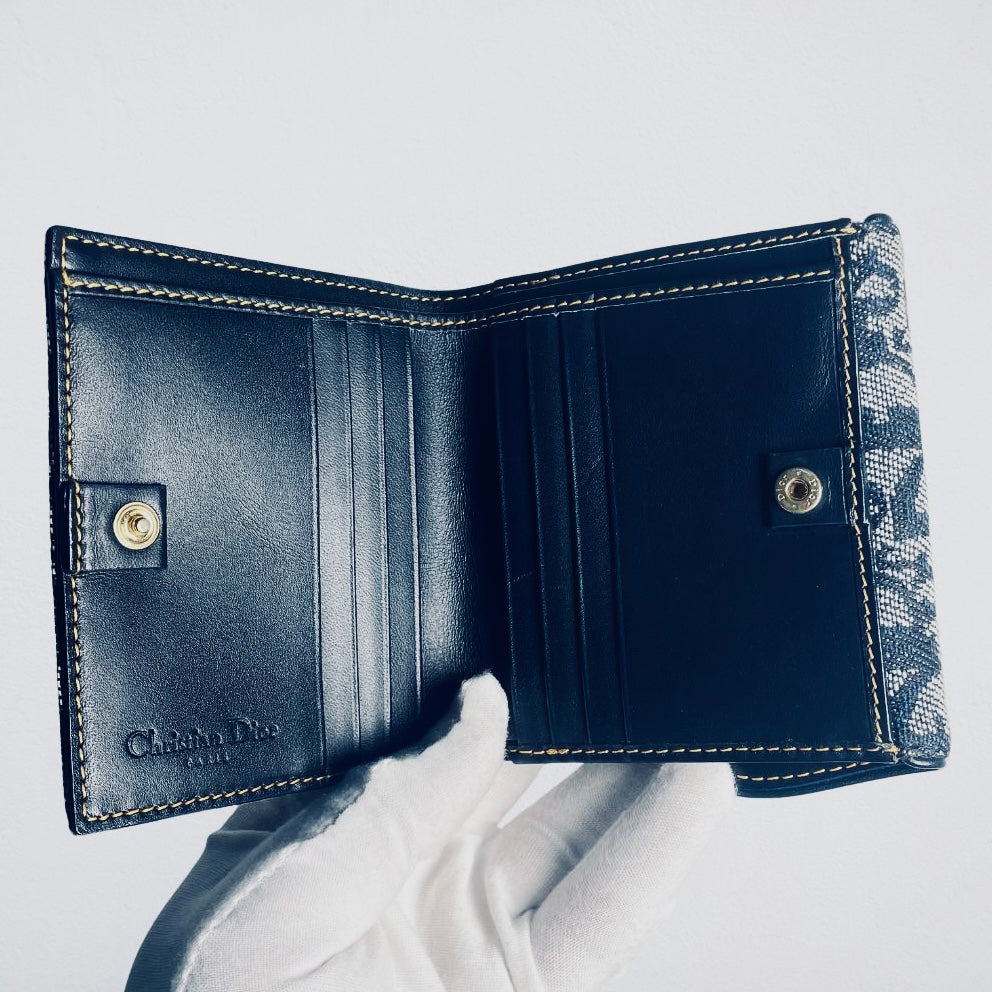 Christian Dior CD Navy Blue GHW Saddle Lotus Oblique Monogram Logo Flap Bifold Compact Wallet