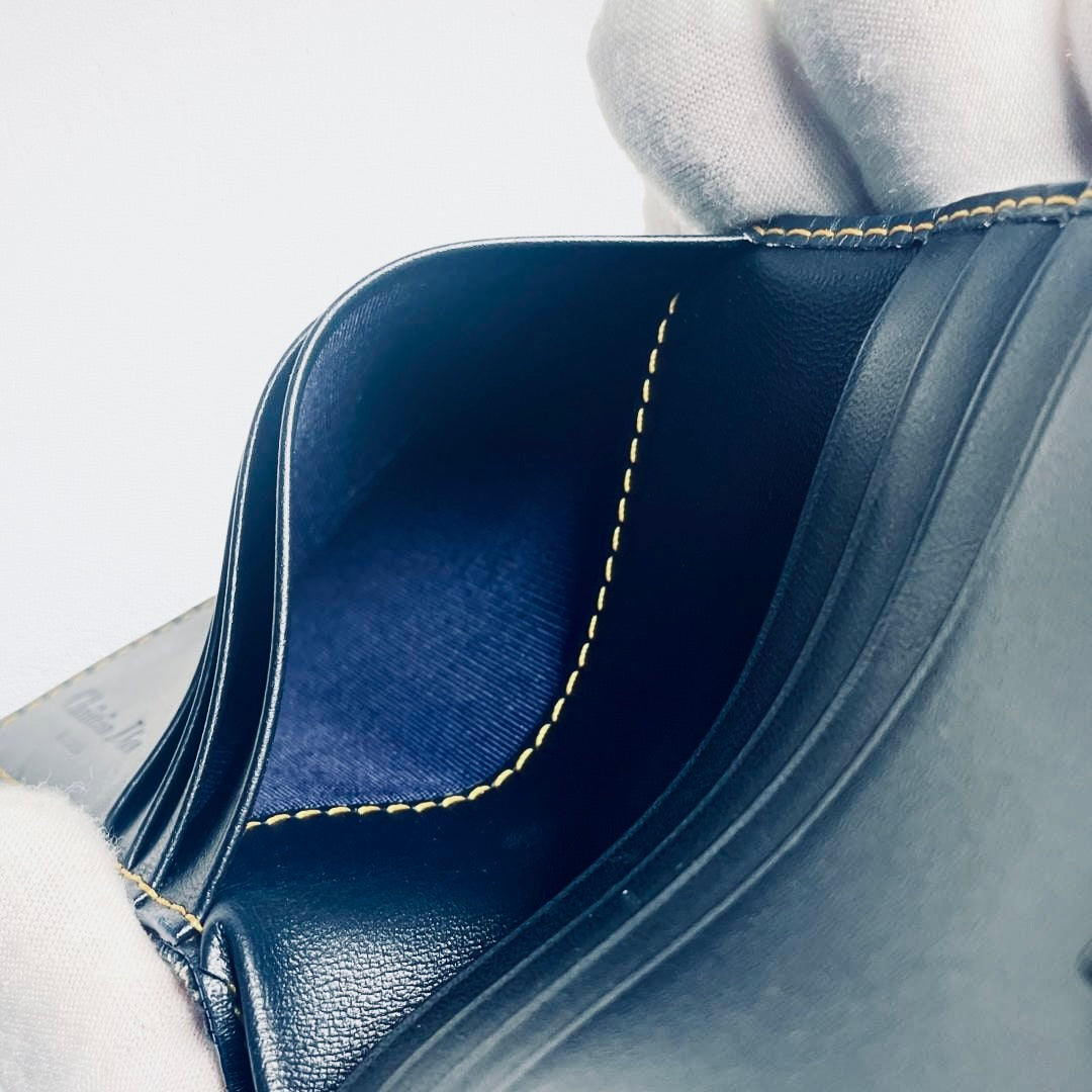 Christian Dior CD Navy Blue GHW Saddle Lotus Oblique Monogram Logo Flap Bifold Compact Wallet