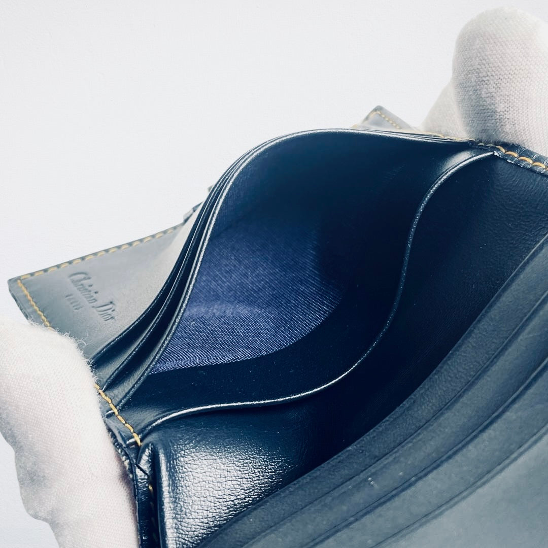 Christian Dior CD Navy Blue GHW Saddle Lotus Oblique Monogram Logo Flap Bifold Compact Wallet