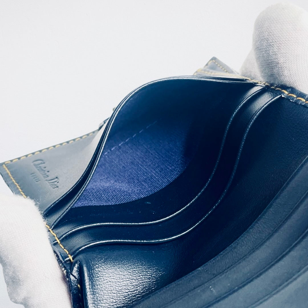 Christian Dior CD Navy Blue GHW Saddle Lotus Oblique Monogram Logo Flap Bifold Compact Wallet