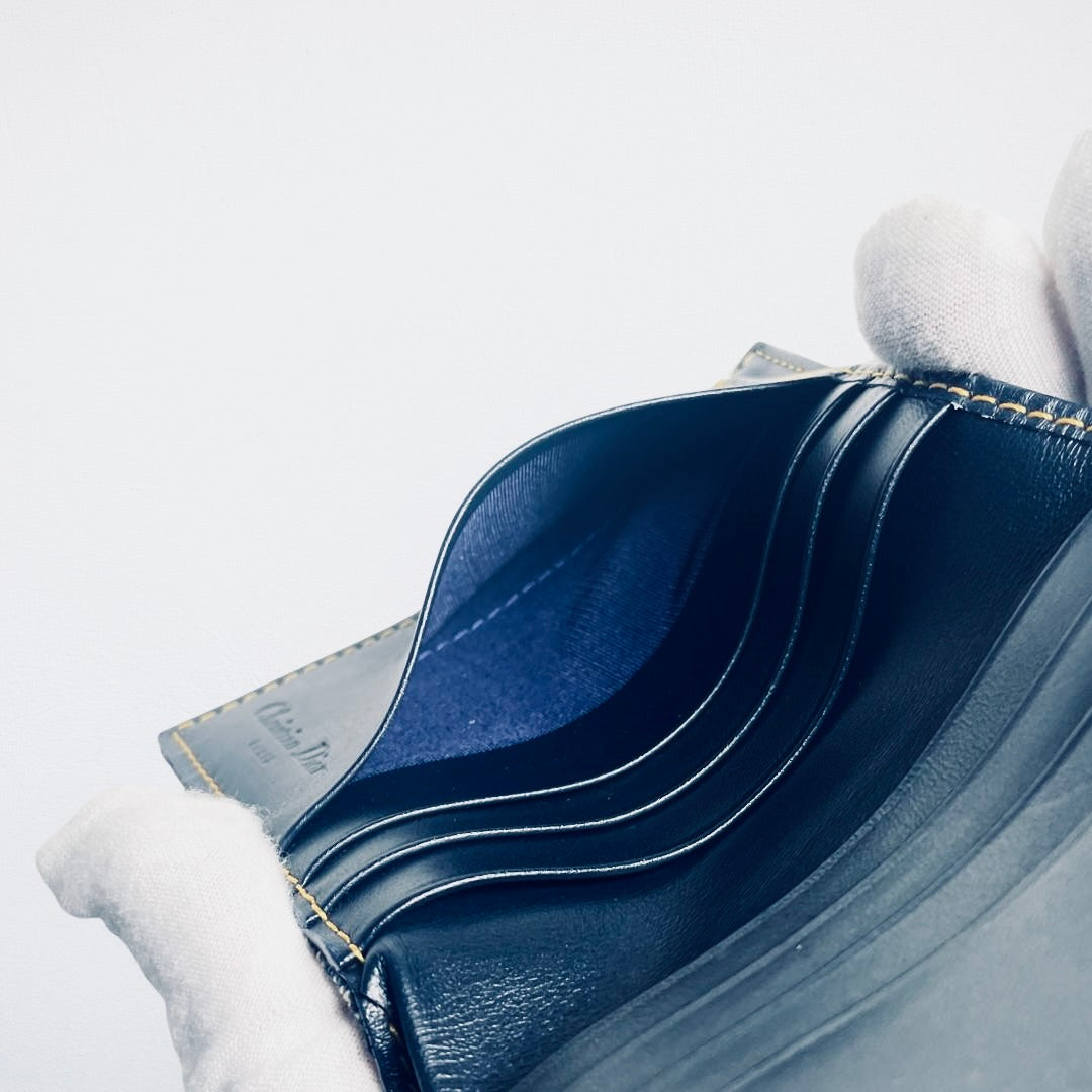 Christian Dior CD Navy Blue GHW Saddle Lotus Oblique Monogram Logo Flap Bifold Compact Wallet