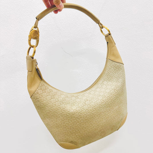 Gucci Beige GHW Half Moon Crescent Baguette Hobo GG Monogram Logo Suede & Leather Hobo Vintage Shoulder Bag