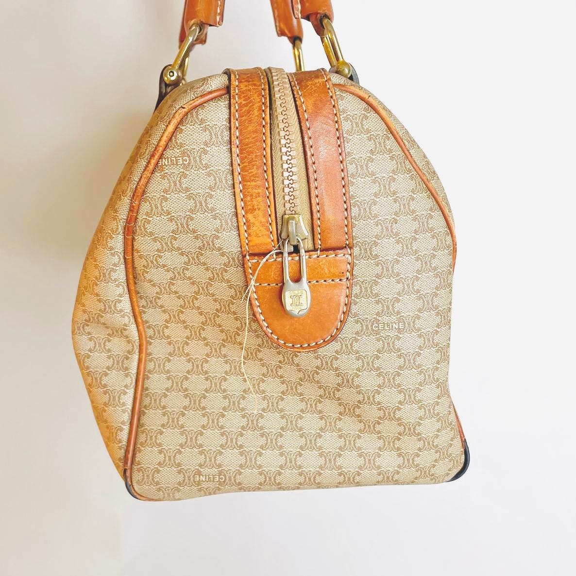 Celine Beige Triomphe Macadam Monogram Logo GHW Boston 35 Speedy Vintage Bag