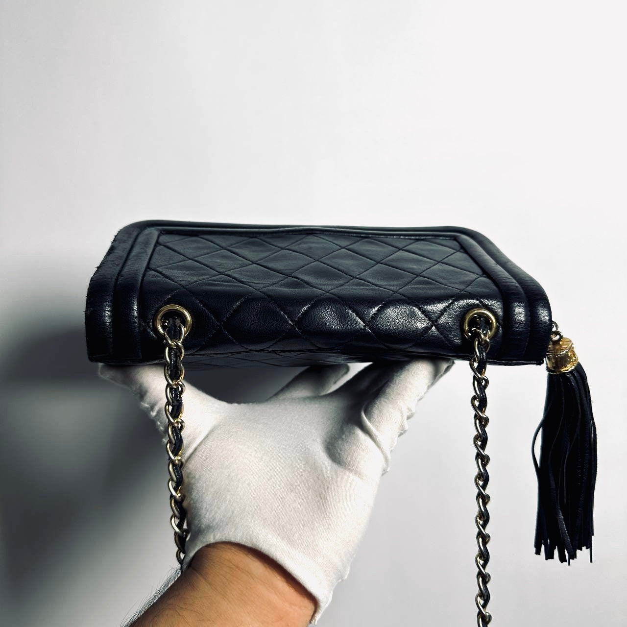 Chanel Black GHW CC Monogram Logo Tassel Fringe Quilted Lambskin Flap Vintage Shoulder Sling Bag 1s
