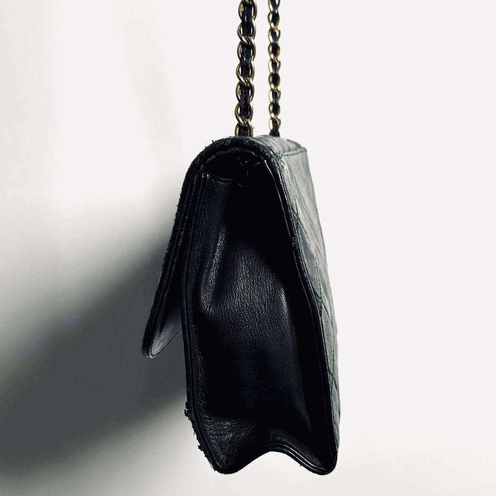 Chanel Black GHW CC Monogram Logo Tassel Fringe Quilted Lambskin Flap Vintage Shoulder Sling Bag 1s