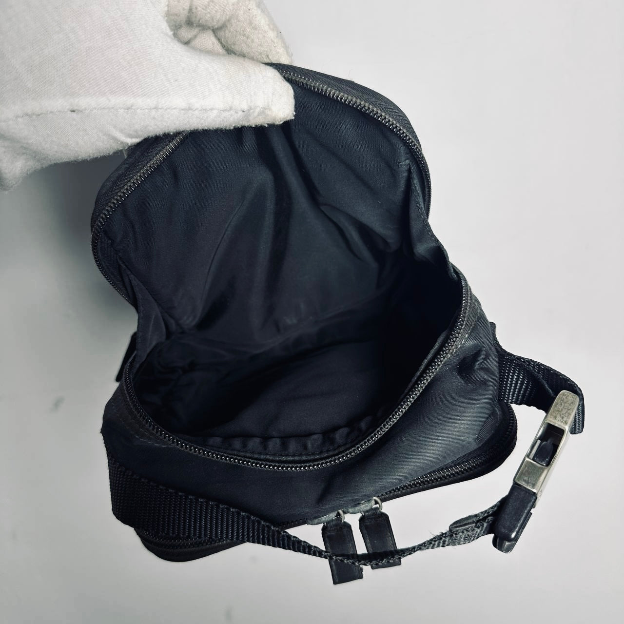 Prada Black Tessuto Monogram Logo Top Handle Hobo Pochette Vanity Case Bag