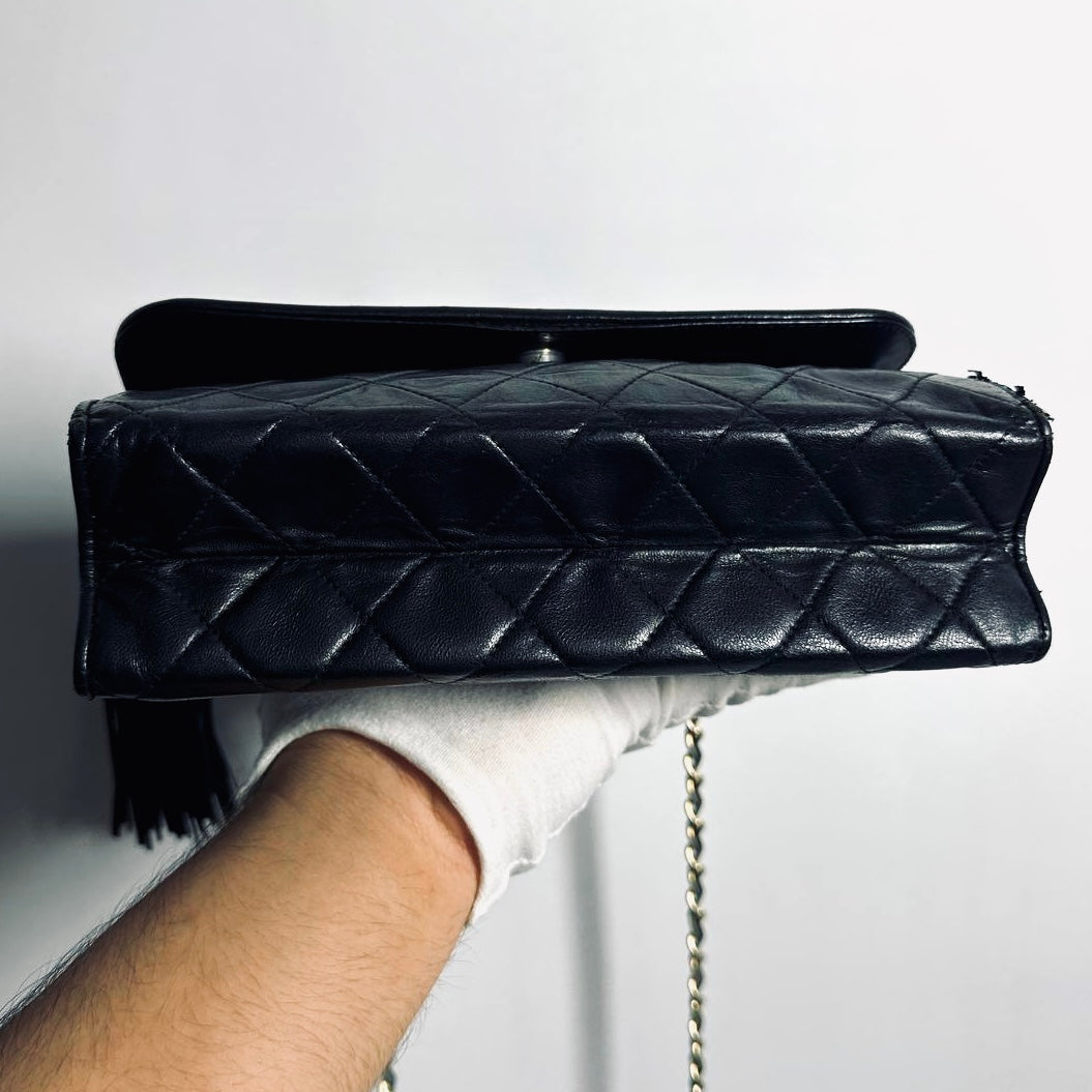 Chanel Black GHW CC Monogram Logo Tassel Fringe Quilted Lambskin Flap Vintage Shoulder Sling Bag 1s