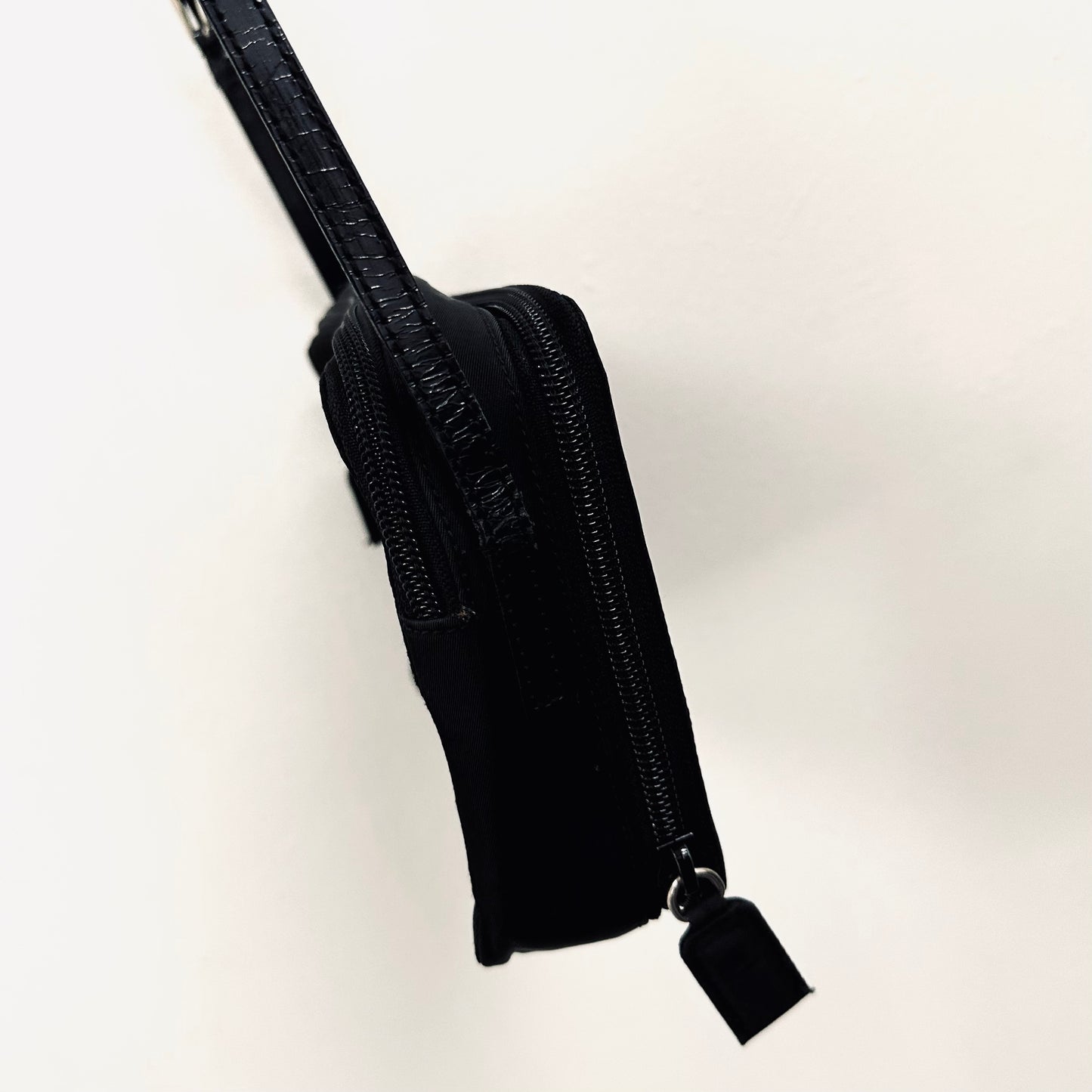 Prada Black Tessuto Monogram Logo Classic Nylon & Leather Double Zip Shoulder Sling Camera Bag