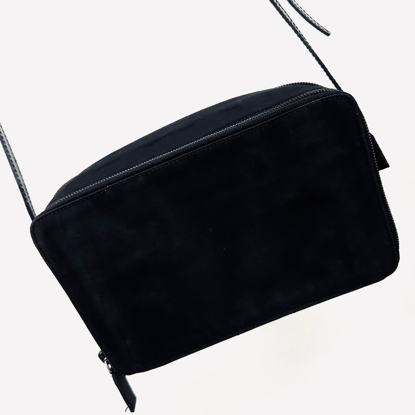 Prada Black Tessuto Monogram Logo Classic Nylon & Leather Double Zip Shoulder Sling Camera Bag