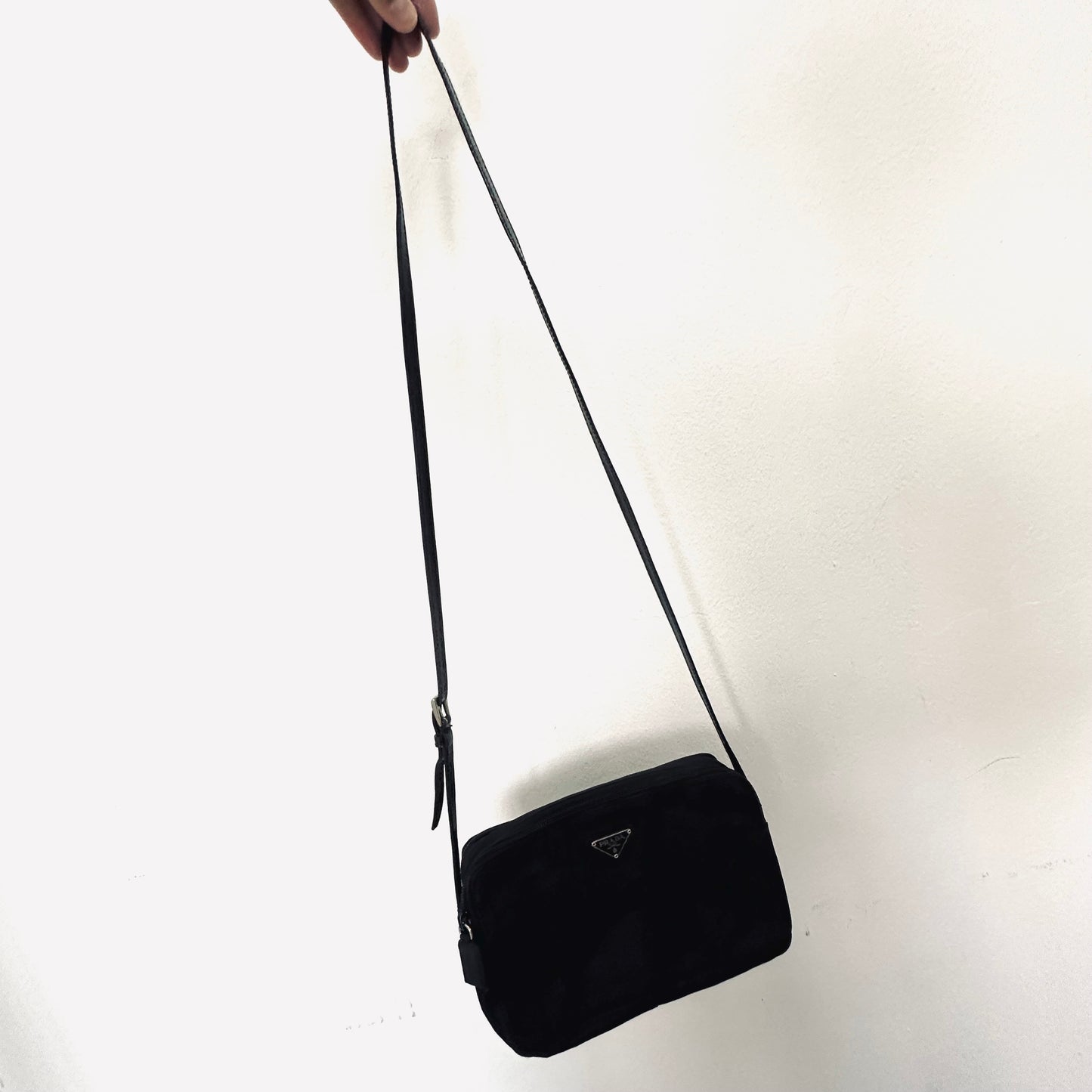 Prada Black Tessuto Monogram Logo Classic Nylon & Leather Double Zip Shoulder Sling Camera Bag