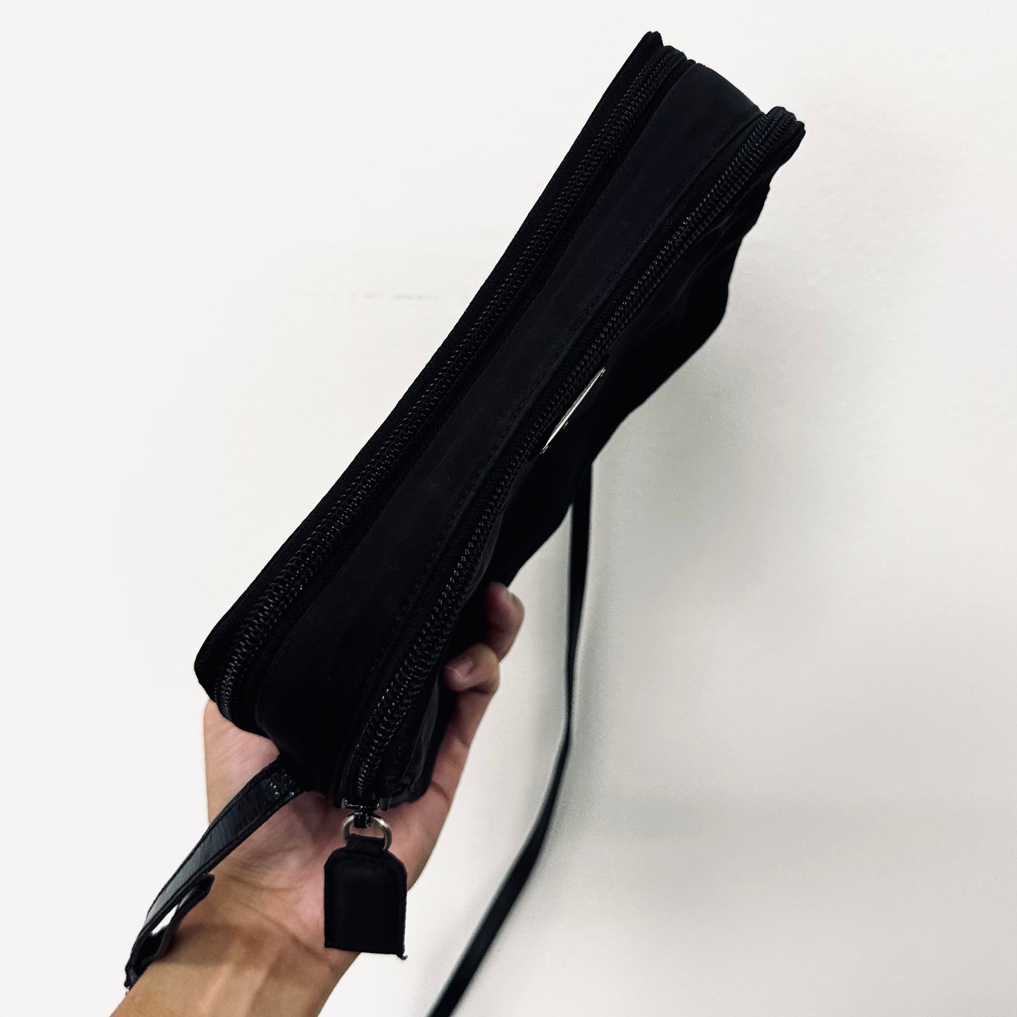 Prada Black Tessuto Monogram Logo Classic Nylon & Leather Double Zip Shoulder Sling Camera Bag
