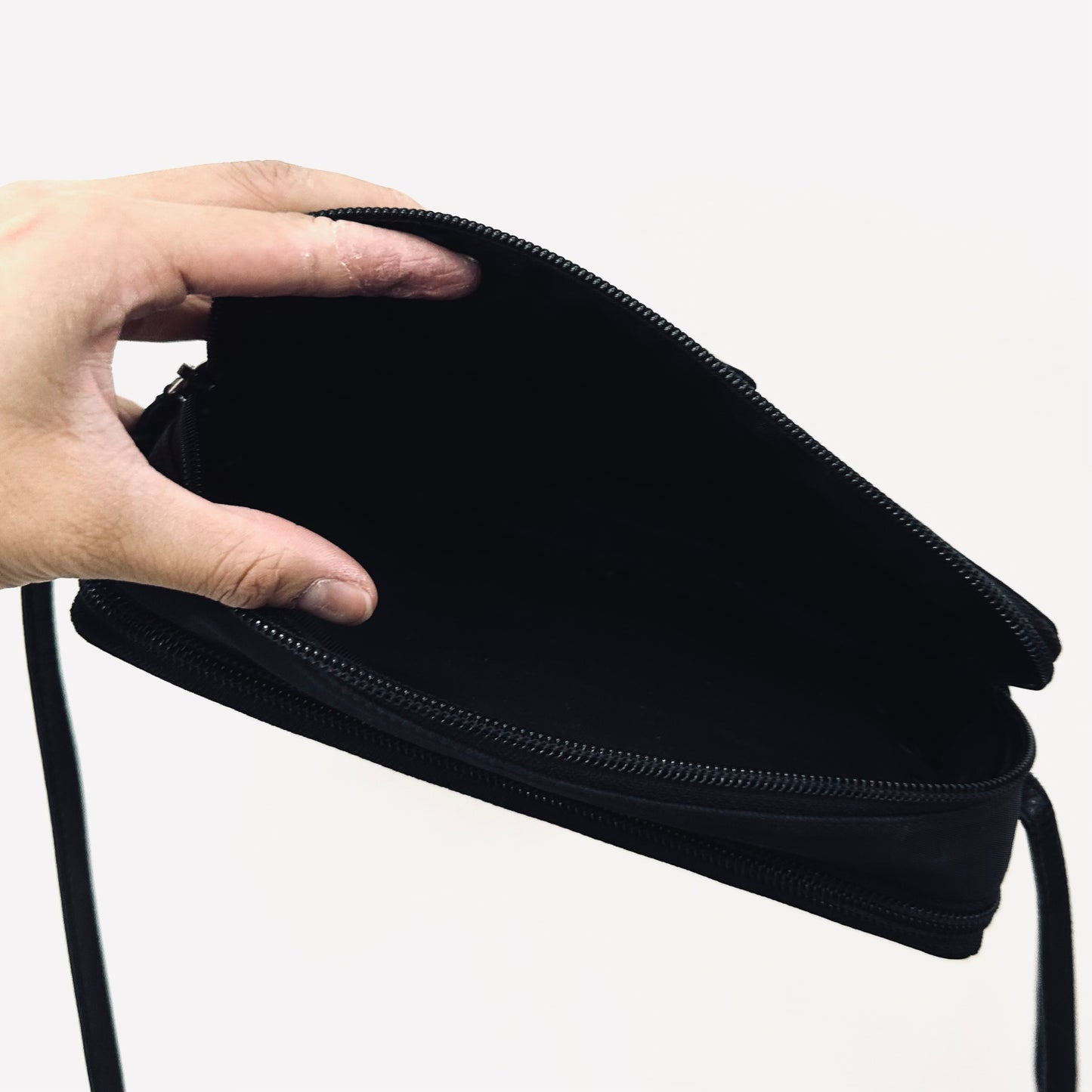 Prada Black Tessuto Monogram Logo Classic Nylon & Leather Double Zip Shoulder Sling Camera Bag