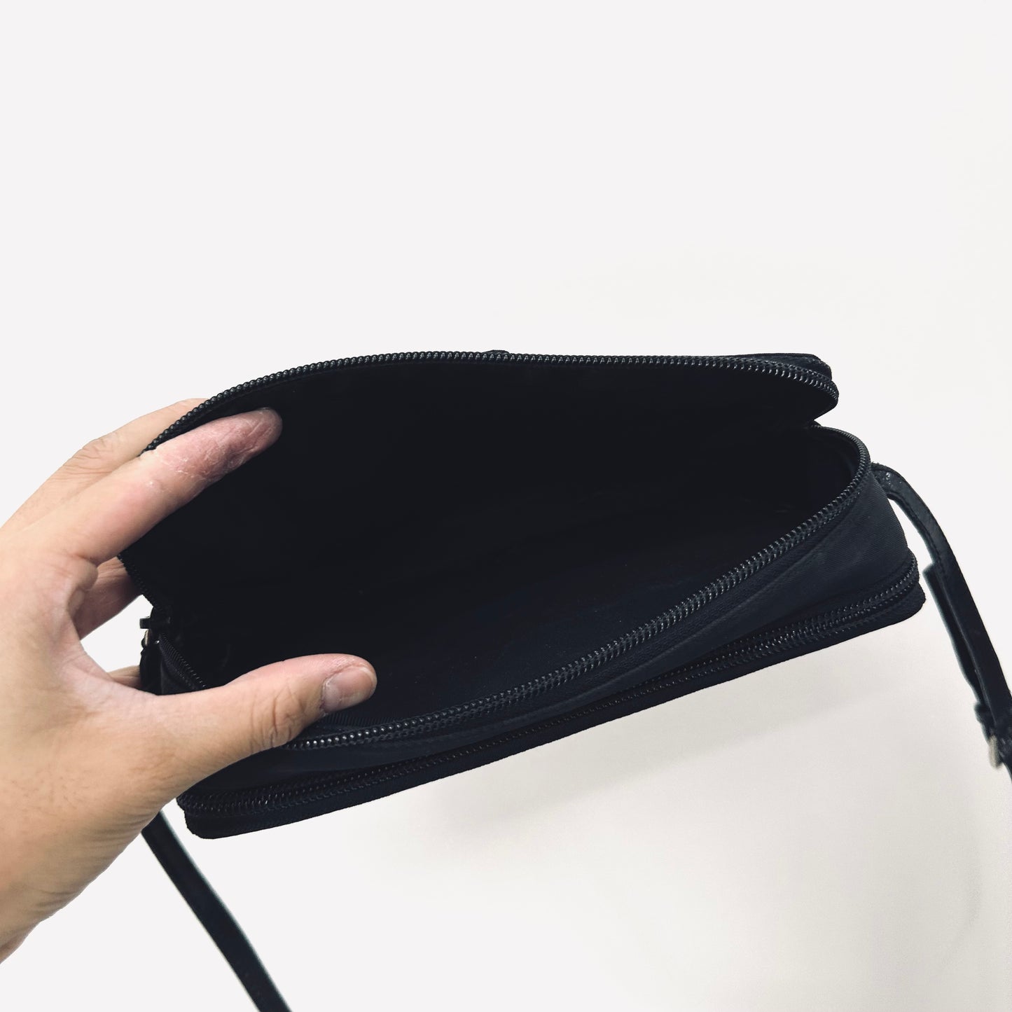 Prada Black Tessuto Monogram Logo Classic Nylon & Leather Double Zip Shoulder Sling Camera Bag