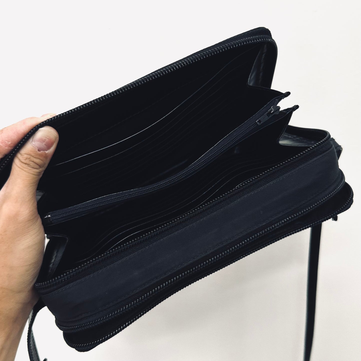 Prada Black Tessuto Monogram Logo Classic Nylon & Leather Double Zip Shoulder Sling Camera Bag
