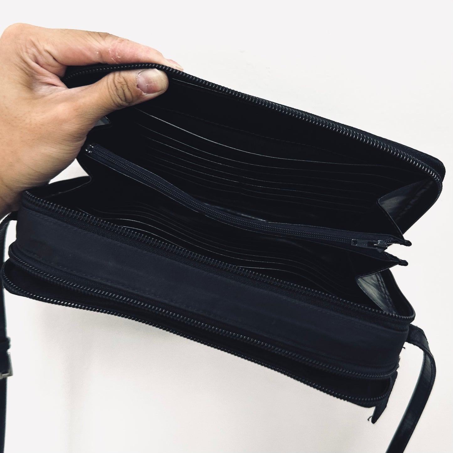 Prada Black Tessuto Monogram Logo Classic Nylon & Leather Double Zip Shoulder Sling Camera Bag