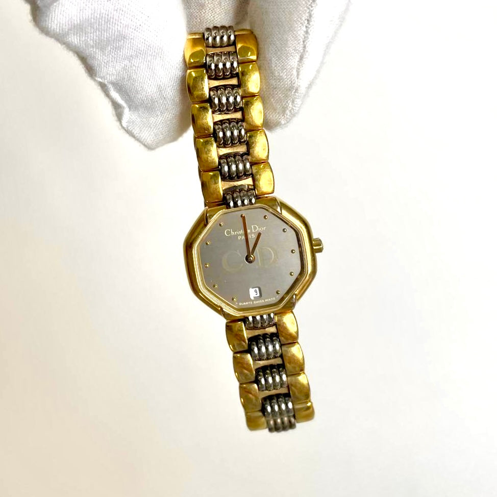 Christian Dior CD Grey Dial Monogram Logo Octagon Stainless Steel & Gold Quartz 25MM Watch