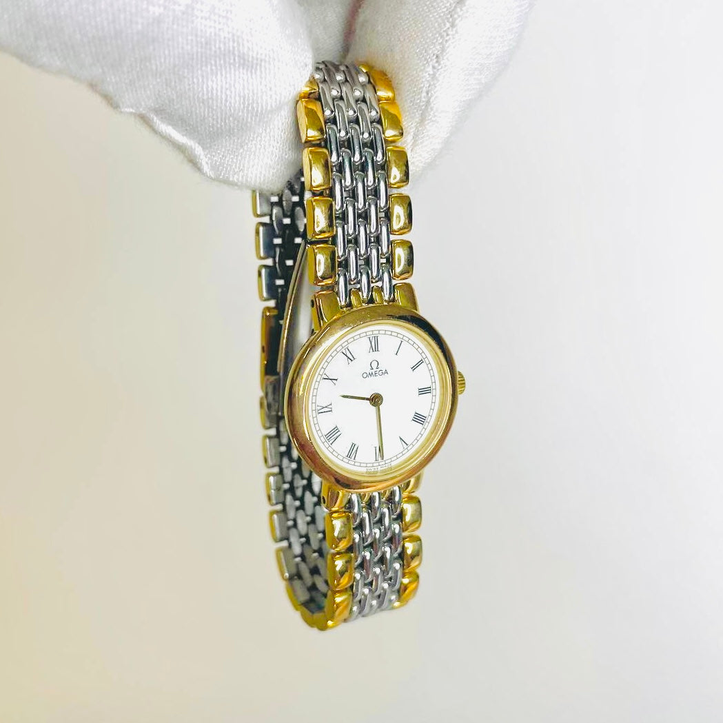 Omega De Ville White Round Dial Roman Numerals Two Tone Gold & Stainless Steel 22MM Vintage Watch