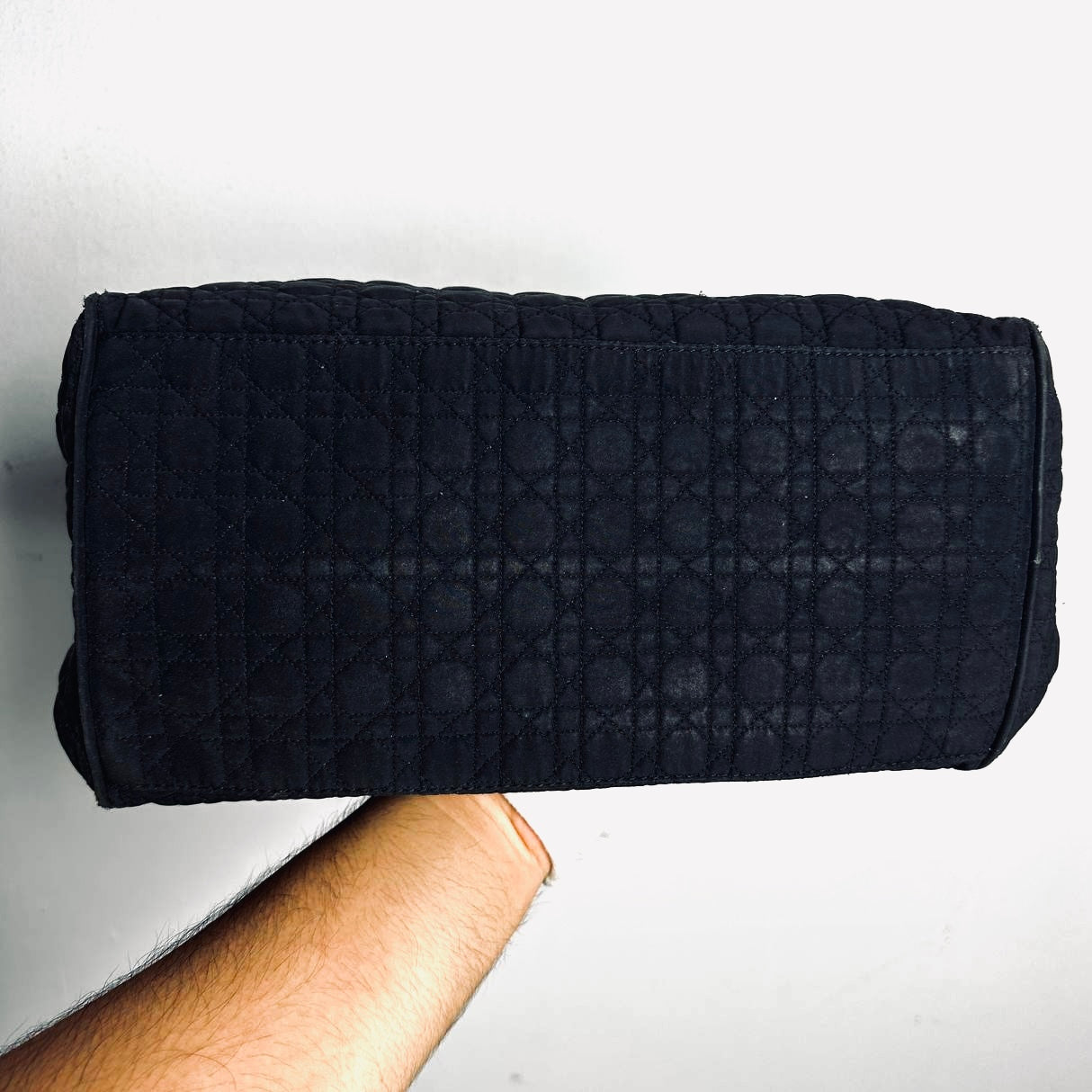 Christian Dior CD Black GHW Lady Dior Cannage Quilted Nylon Top Handle Boston Shopper Tote Bag