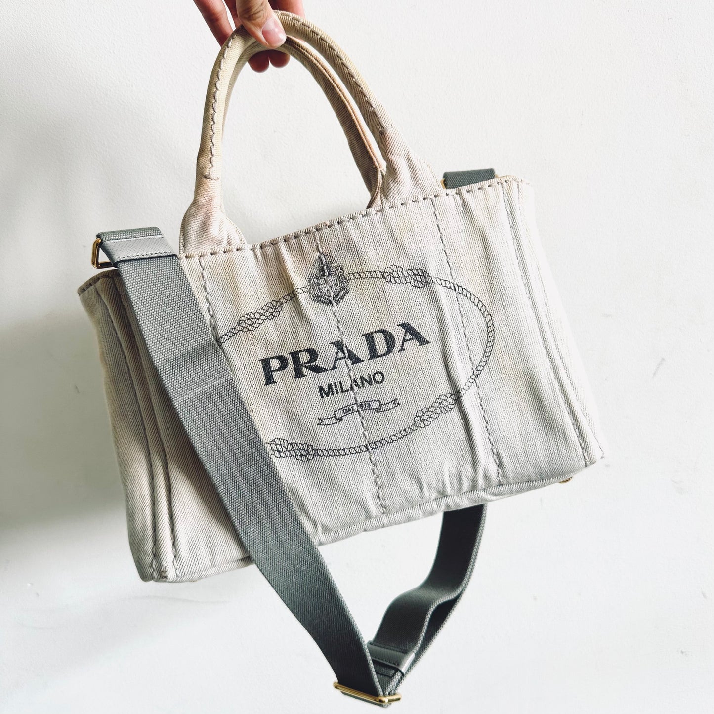 Prada Light Denim Bianco GHW Canapa Small Classic Logo 2-Way Structured Shopper Shoulder Sling Tote Bag