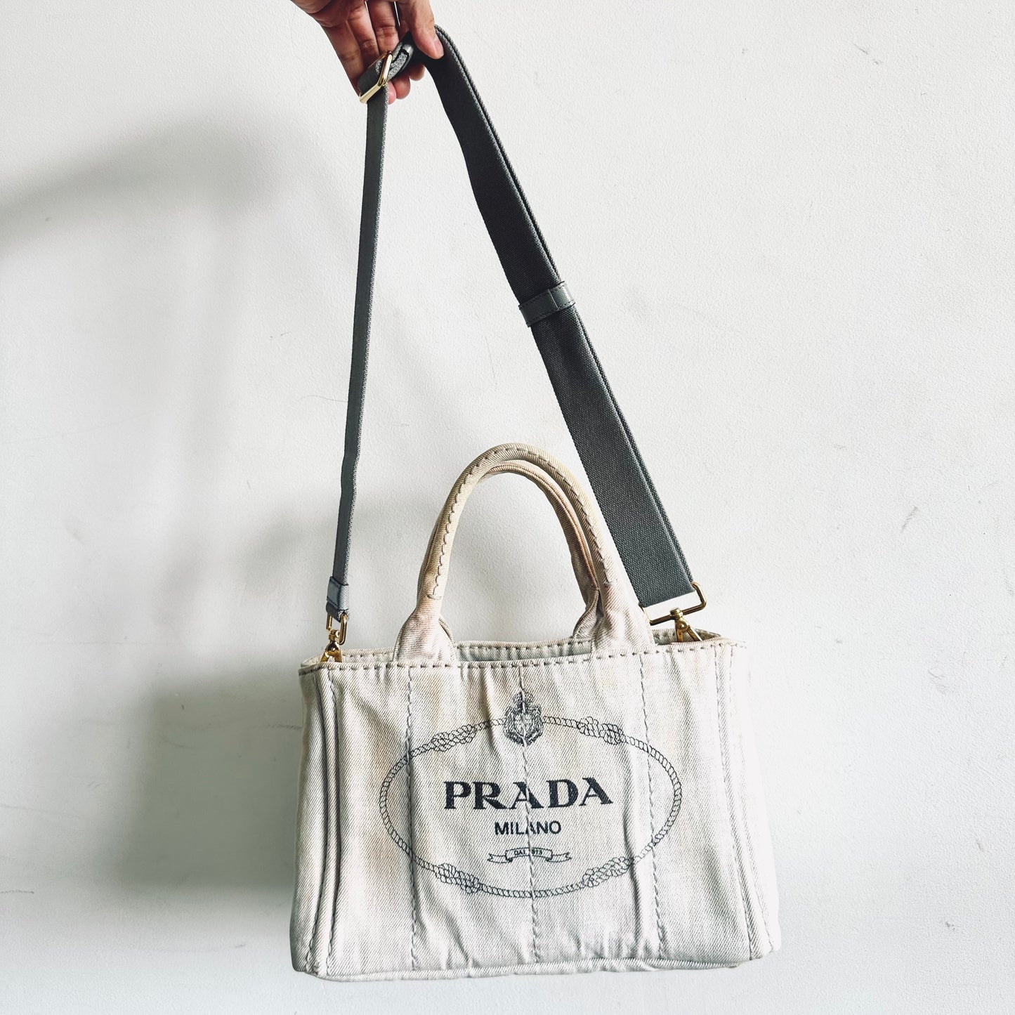 Prada Light Denim Bianco GHW Canapa Small Classic Logo 2-Way Structured Shopper Shoulder Sling Tote Bag