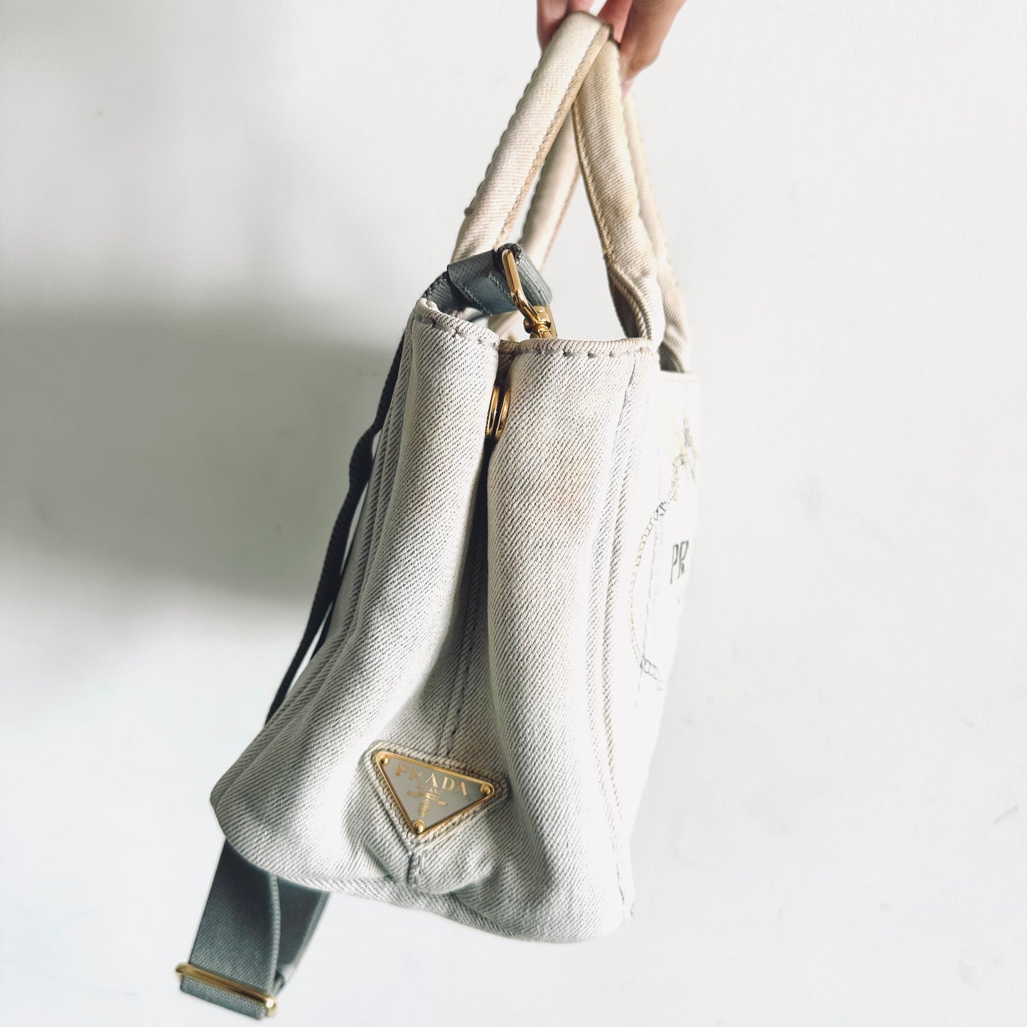Prada Light Denim Bianco GHW Canapa Small Classic Logo 2-Way Structured Shopper Shoulder Sling Tote Bag