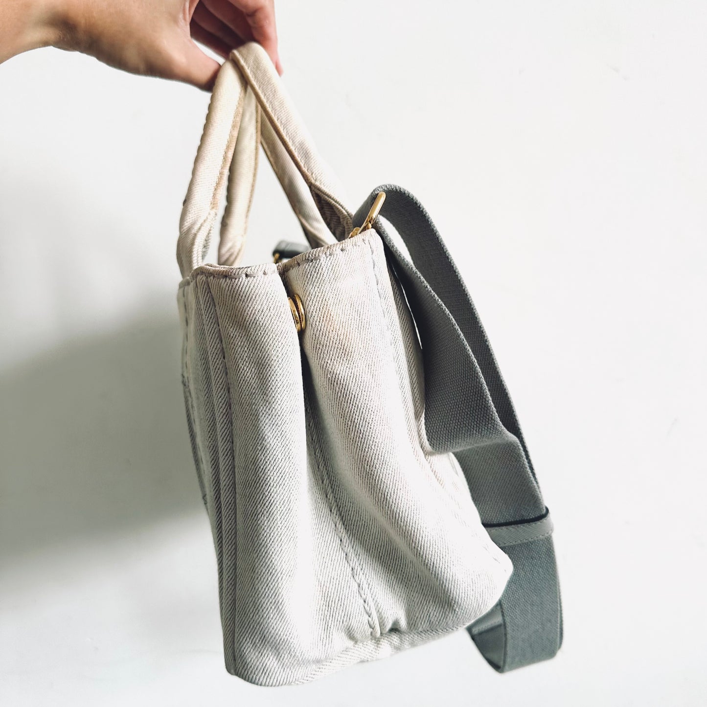 Prada Light Denim Bianco GHW Canapa Small Classic Logo 2-Way Structured Shopper Shoulder Sling Tote Bag