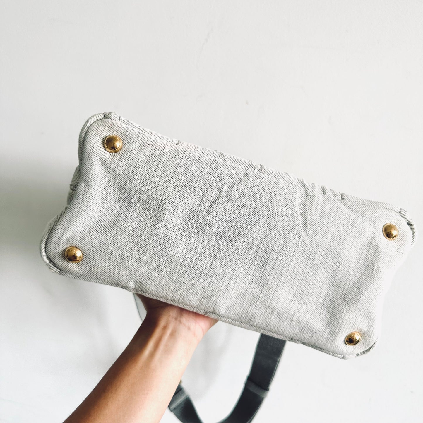 Prada Light Denim Bianco GHW Canapa Small Classic Logo 2-Way Structured Shopper Shoulder Sling Tote Bag