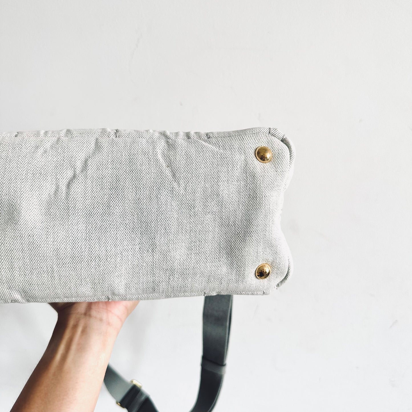 Prada Light Denim Bianco GHW Canapa Small Classic Logo 2-Way Structured Shopper Shoulder Sling Tote Bag