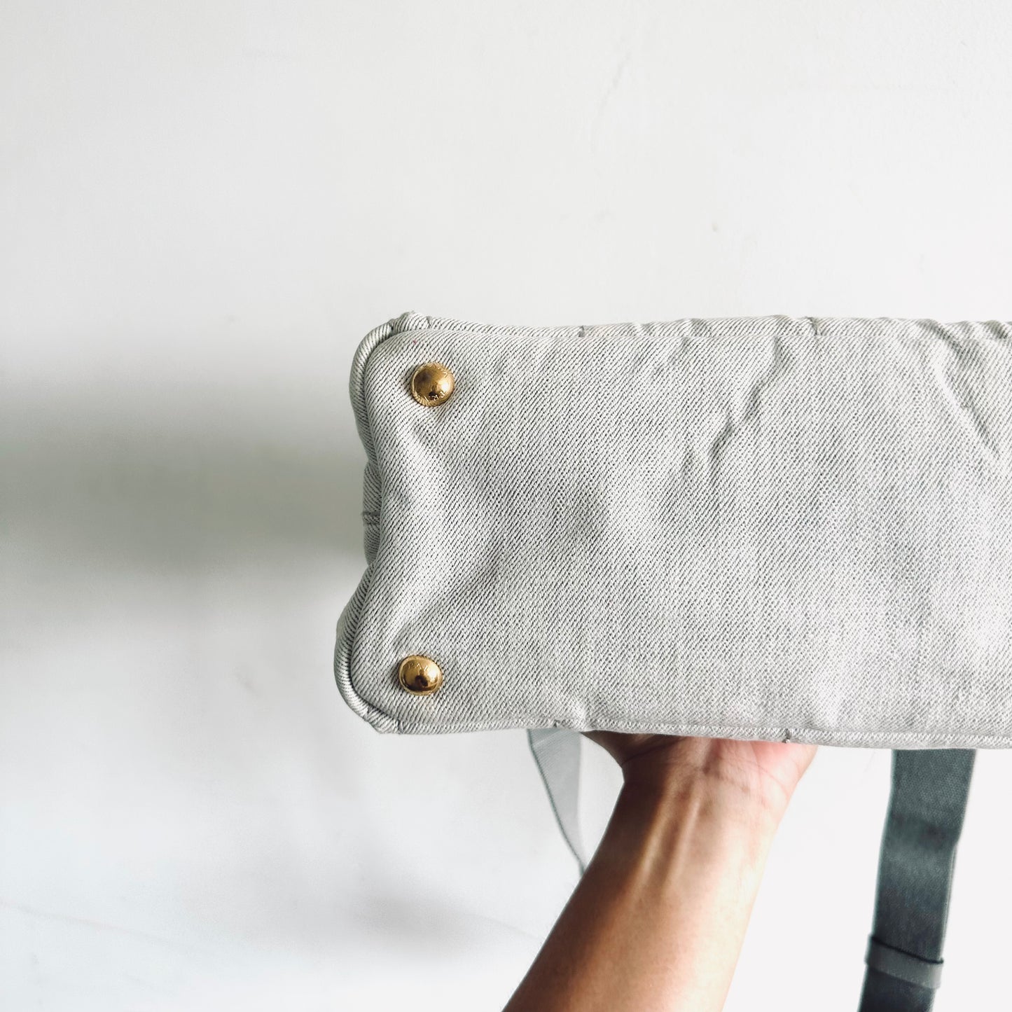 Prada Light Denim Bianco GHW Canapa Small Classic Logo 2-Way Structured Shopper Shoulder Sling Tote Bag