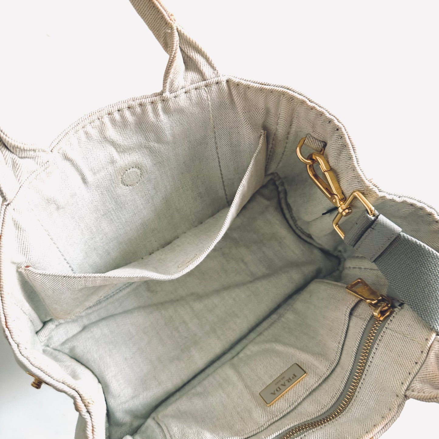 Prada Light Denim Bianco GHW Canapa Small Classic Logo 2-Way Structured Shopper Shoulder Sling Tote Bag