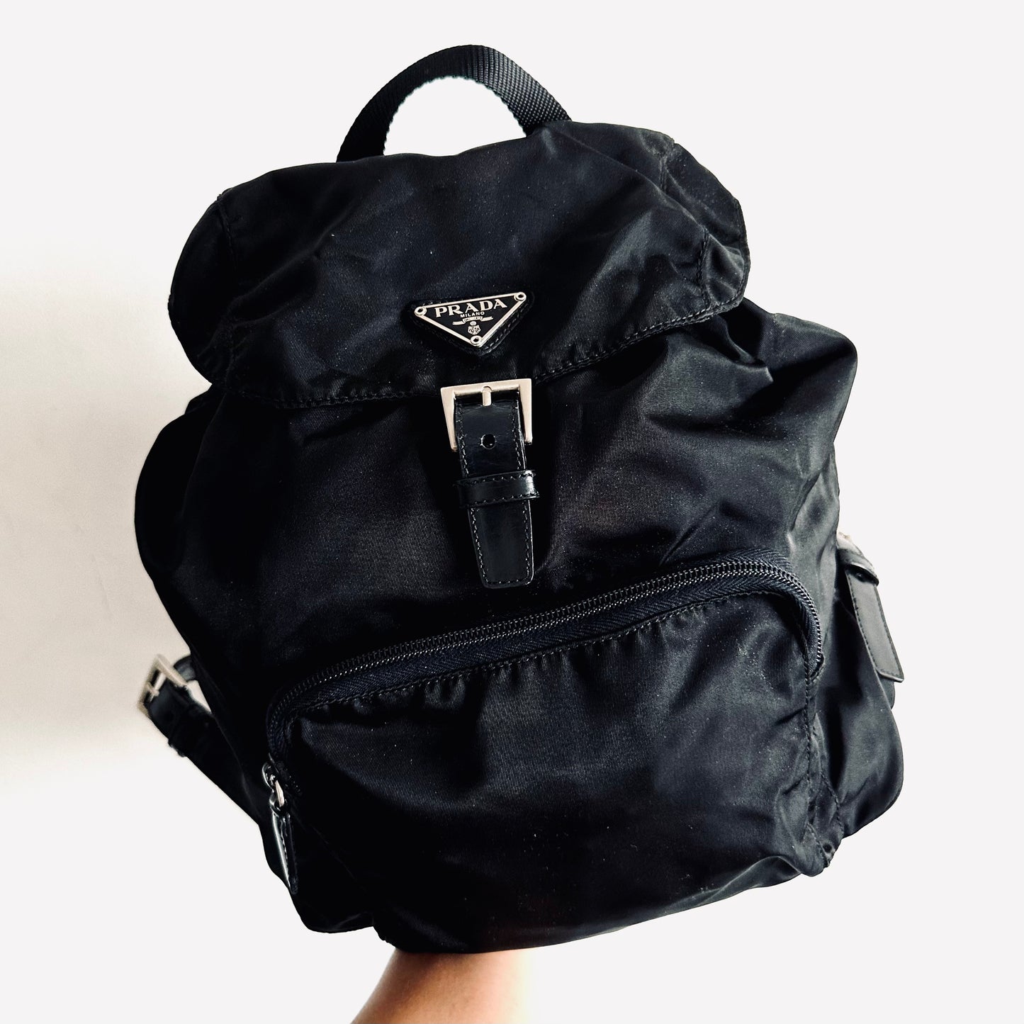 Prada Tessuto Black Monogram Logo Classic Nylon & Leather Backpack Bag