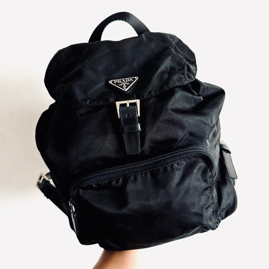 Prada Tessuto Black Monogram Logo Classic Nylon & Leather Backpack Bag