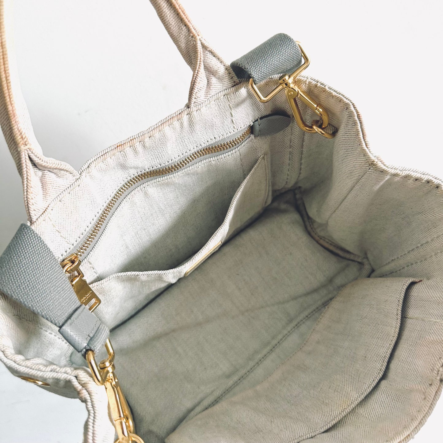 Prada Light Denim Bianco GHW Canapa Small Classic Logo 2-Way Structured Shopper Shoulder Sling Tote Bag