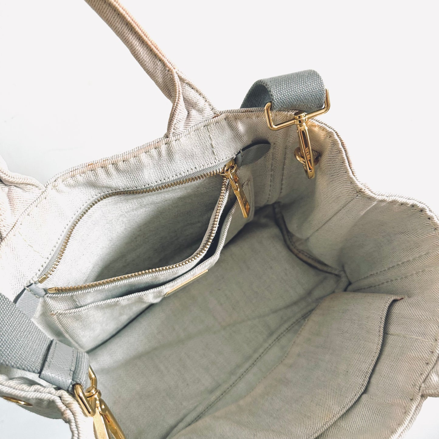Prada Light Denim Bianco GHW Canapa Small Classic Logo 2-Way Structured Shopper Shoulder Sling Tote Bag
