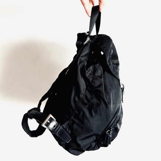 Prada Tessuto Black Monogram Logo Classic Nylon & Leather Backpack Bag