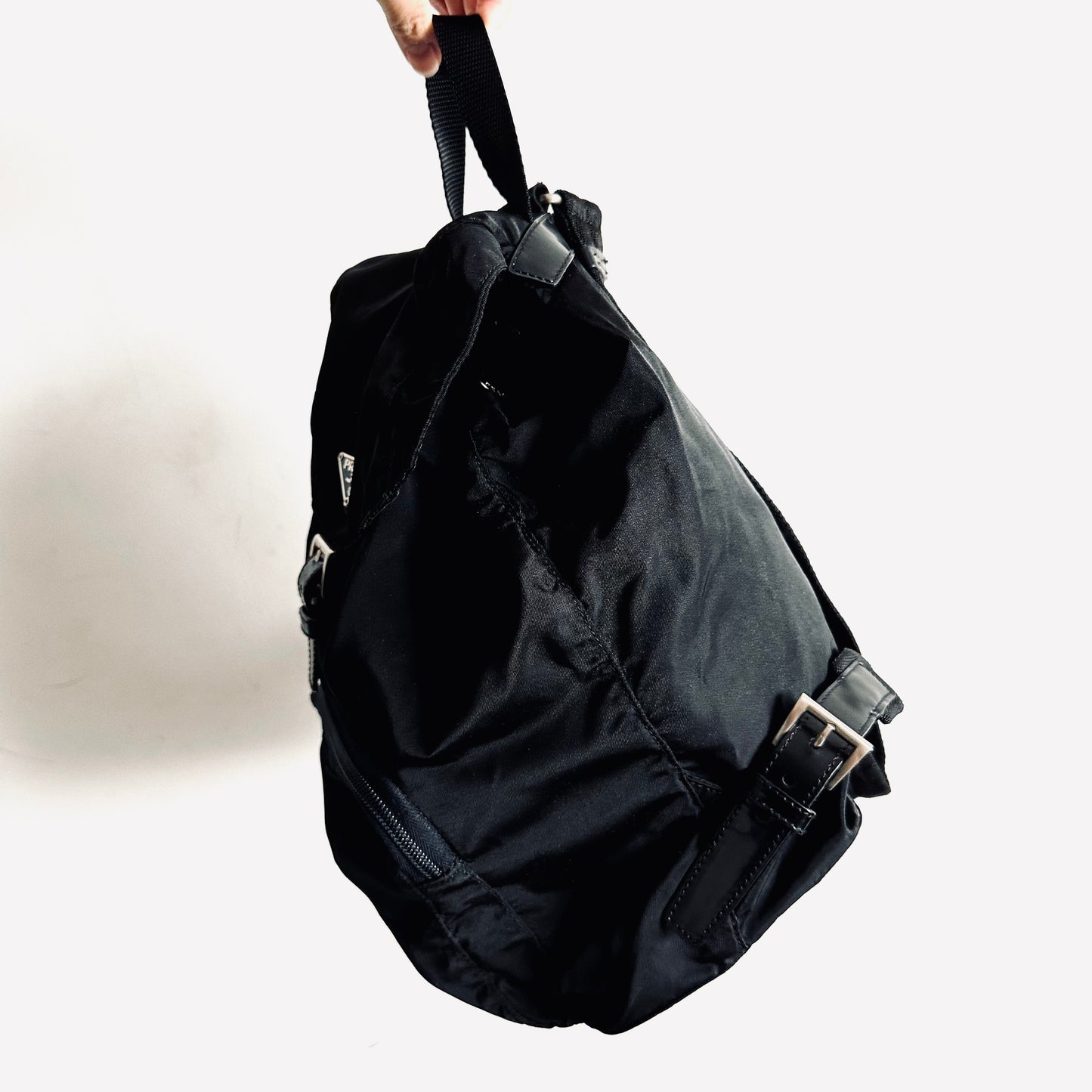 Prada Tessuto Black Monogram Logo Classic Nylon & Leather Backpack Bag