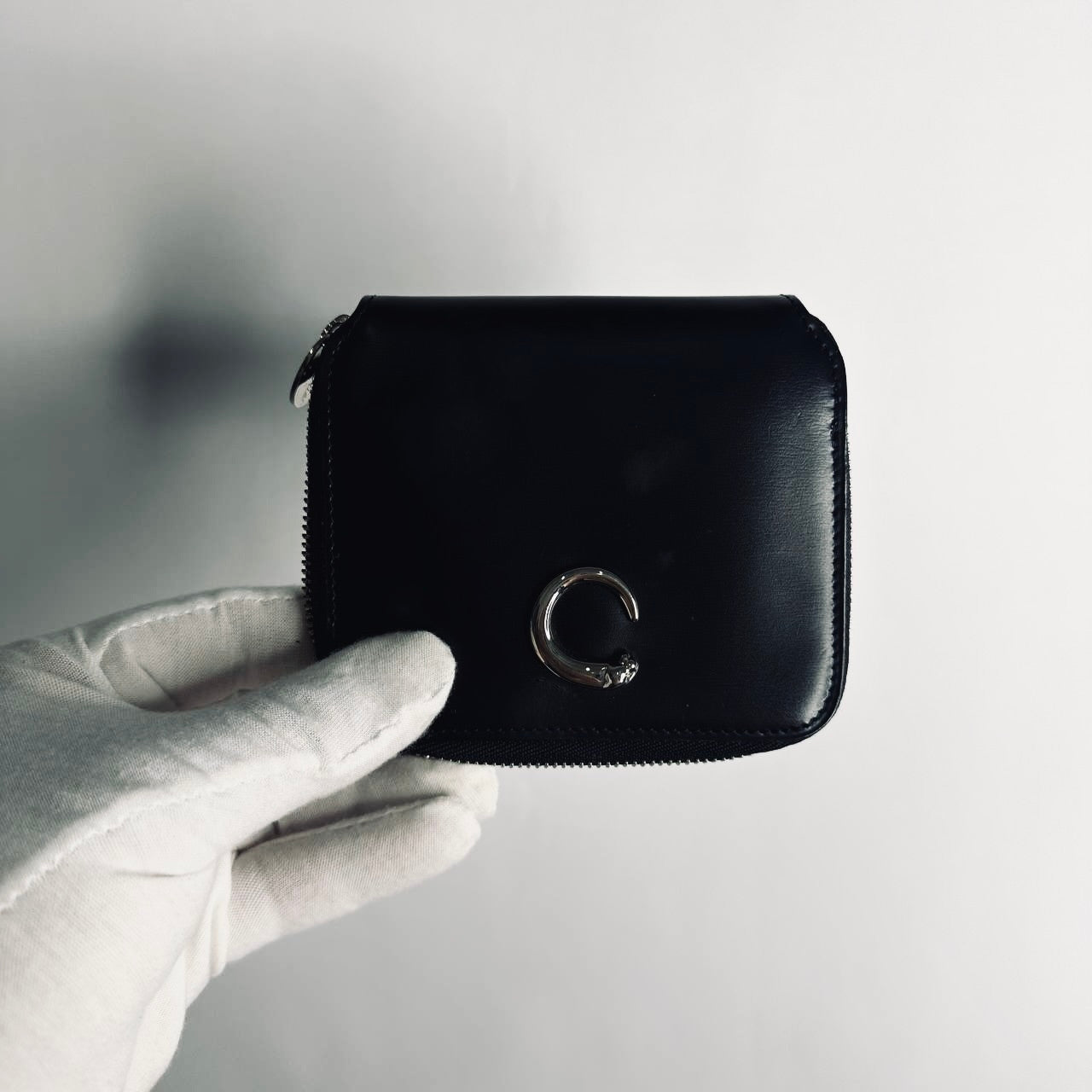 Cartier Black Panthere C Monogram Logo Zippy Zip Around Smooth Leather Compact Vintage Wallet
