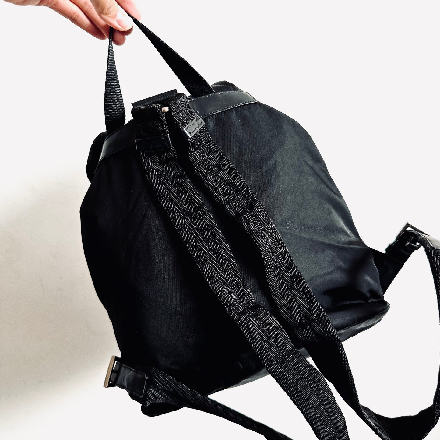 Prada Tessuto Black Monogram Logo Classic Nylon & Leather Backpack Bag
