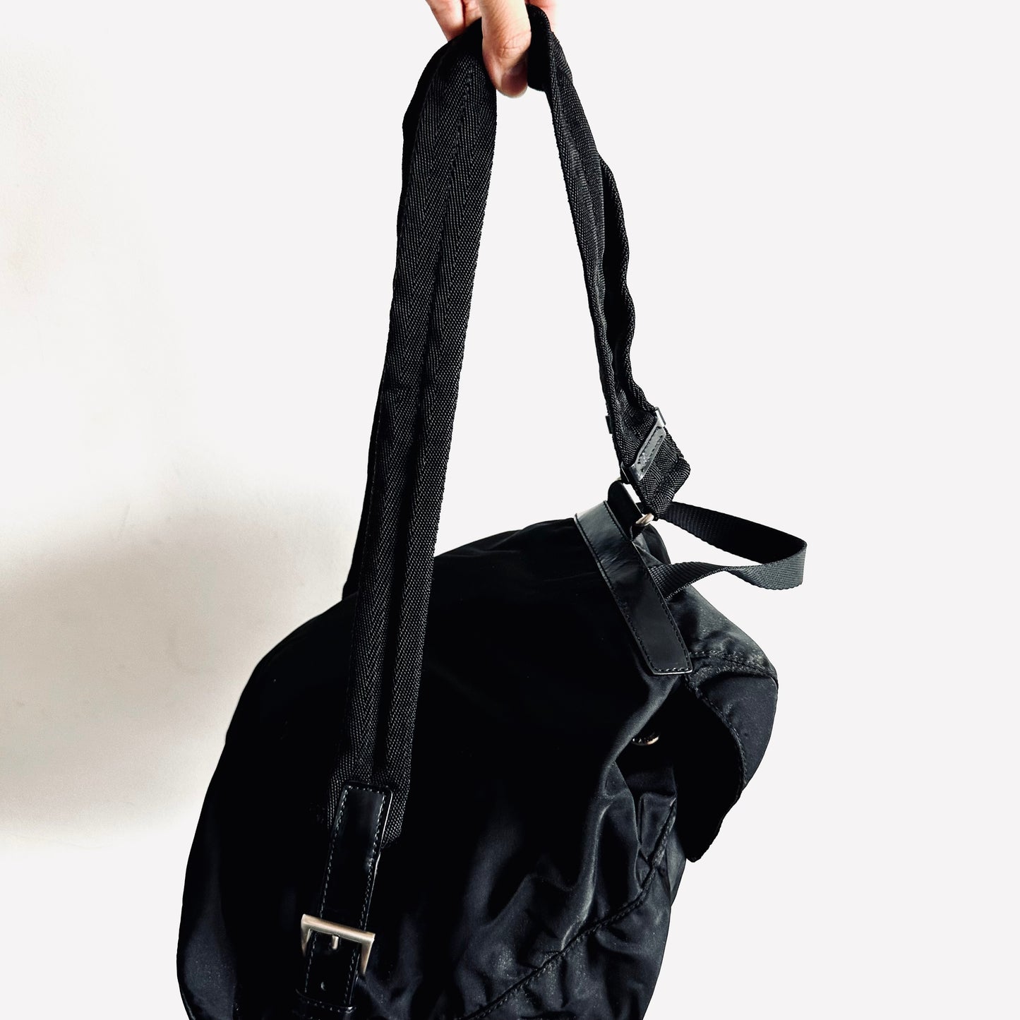Prada Tessuto Black Monogram Logo Classic Nylon & Leather Backpack Bag