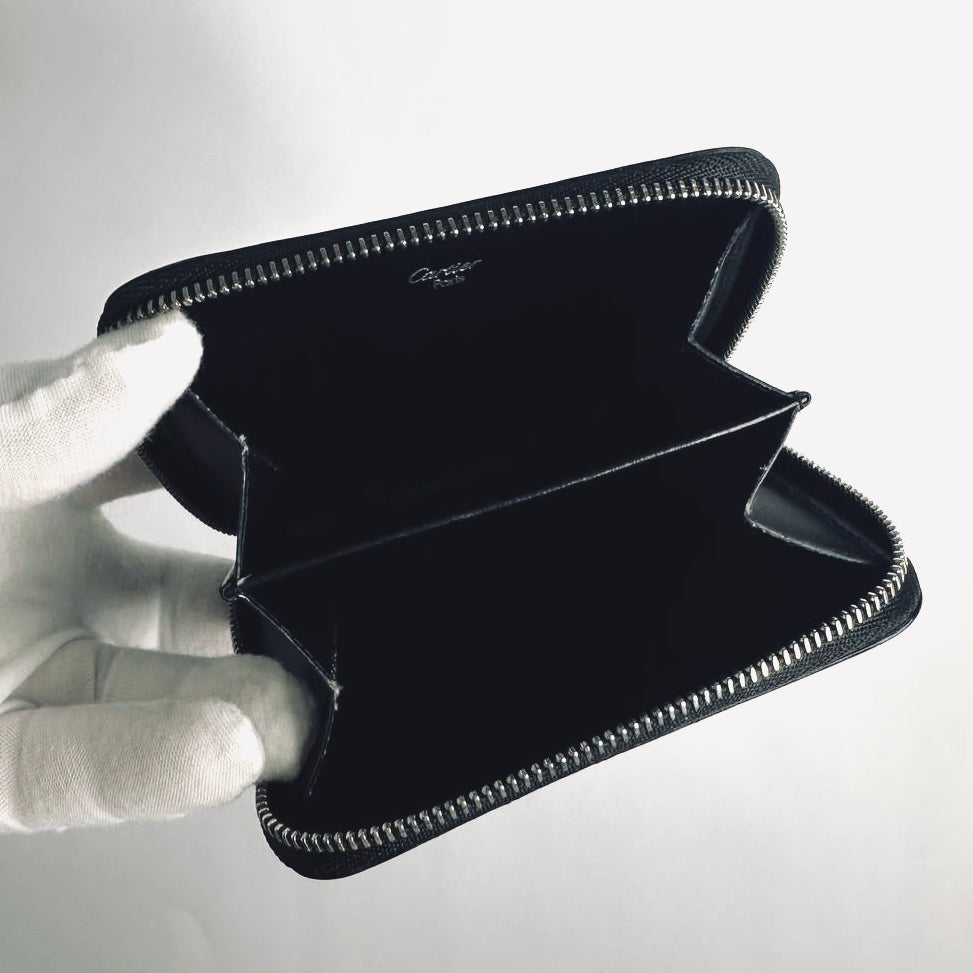 Cartier Black Panthere C Monogram Logo Zippy Zip Around Smooth Leather Compact Vintage Wallet