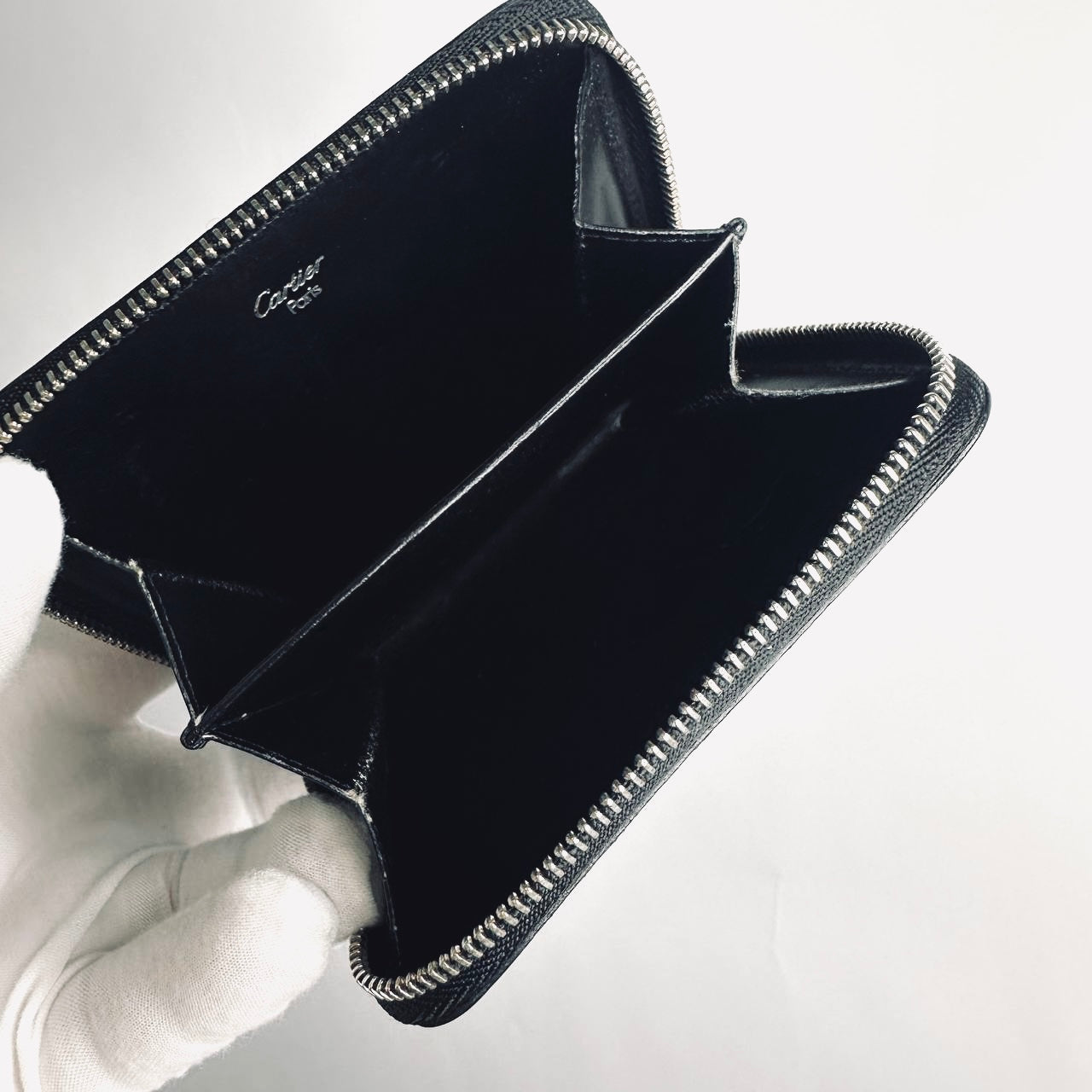 Cartier Black Panthere C Monogram Logo Zippy Zip Around Smooth Leather Compact Vintage Wallet