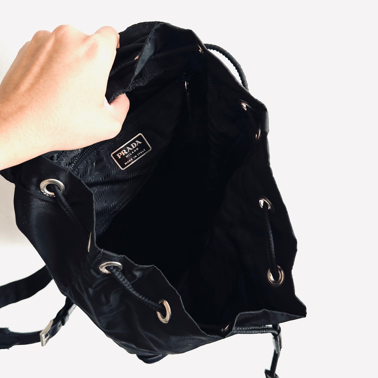 Prada Tessuto Black Monogram Logo Classic Nylon & Leather Backpack Bag