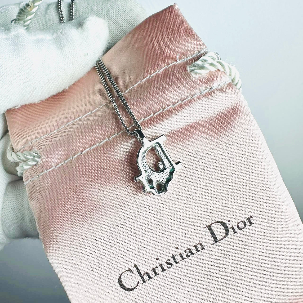 Christian Dior CD Giant Monogram Logo Signature Silver & Crystals Vintage Pendant Necklace