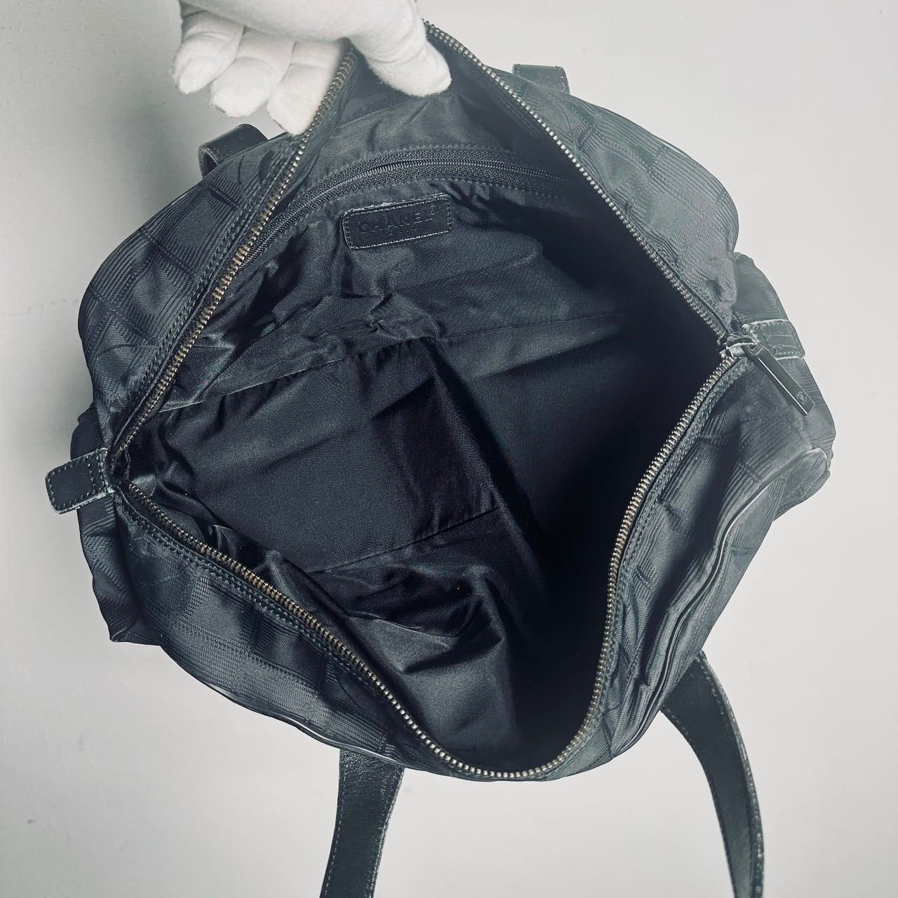 Chanel Black Travel Line East West Quilted Jacquard CC Monogram Logo Shoulder Shopper Boston Tote Bag 7s